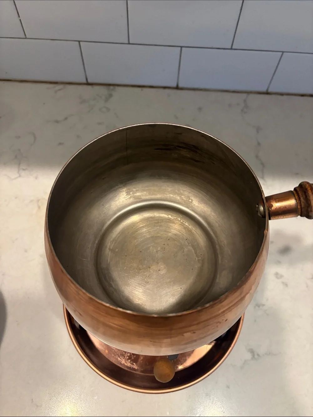 Vintage Copper Fondue Set with Wooden Handle